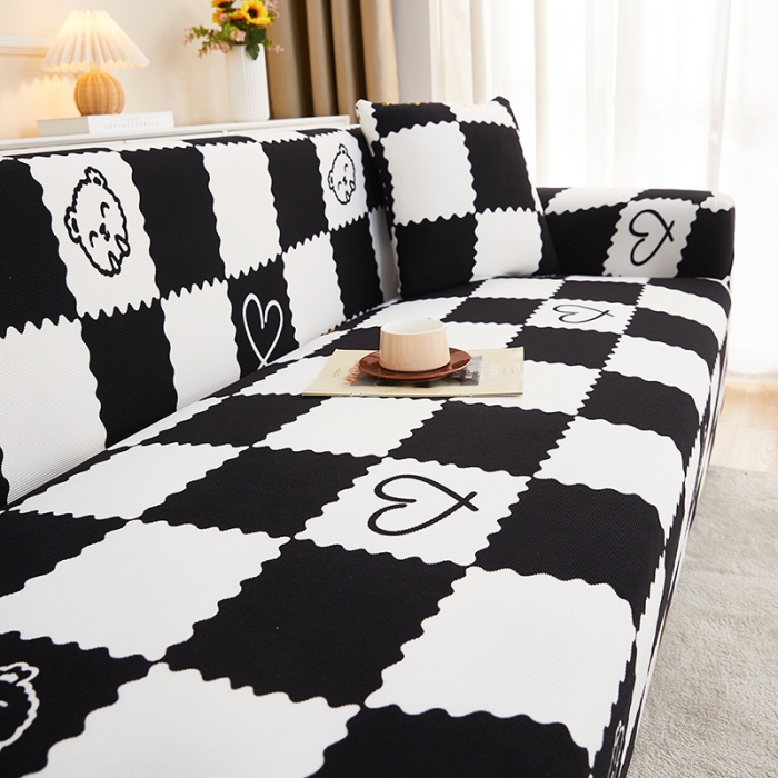 91家纺网 家纺一手货源 找家纺 丝绮鹿2023针织柔肤格三人沙发套松紧款 买一个沙发套默认送一个抱枕套 黑白格