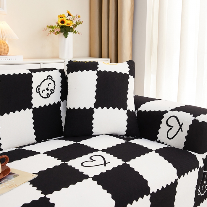 91家纺网 家纺一手货源 找家纺 丝绮鹿2023针织柔肤格三人沙发套松紧款 买一个沙发套默认送一个抱枕套 黑白格