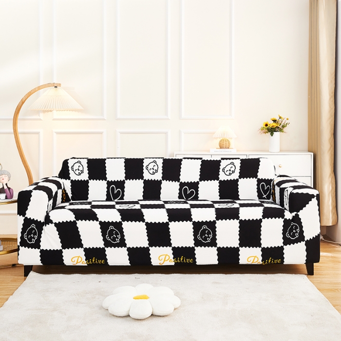 91家纺网 家纺一手货源 找家纺 丝绮鹿2023针织柔肤格三人沙发套松紧款 买一个沙发套默认送一个抱枕套 黑白格