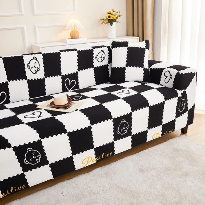 91家纺网 家纺一手货源 找家纺 丝绮鹿2023针织柔肤格三人沙发套松紧款 买一个沙发套默认送一个抱枕套 黑白格