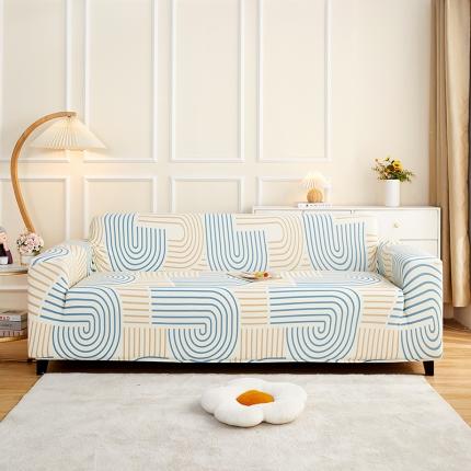 丝绮鹿2023针织柔肤格三人沙发套松紧款 买一个沙发套默认送一个抱枕套 几何-蓝