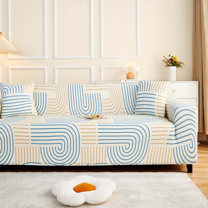 91家纺网 家纺一手货源 找家纺 丝绮鹿2023针织柔肤格三人沙发套松紧款 买一个沙发套默认送一个抱枕套 几何-蓝