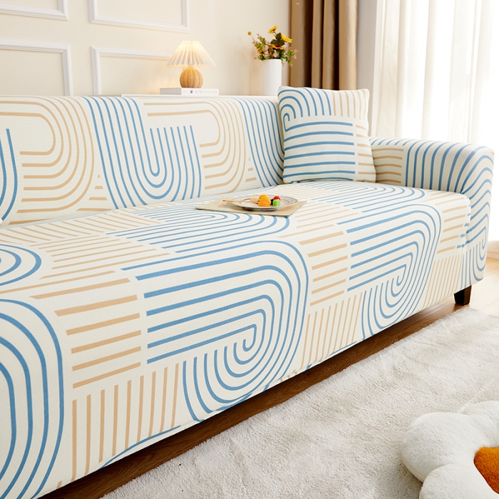 91家纺网 家纺一手货源 找家纺 丝绮鹿2023针织柔肤格三人沙发套松紧款 买一个沙发套默认送一个抱枕套 几何-蓝