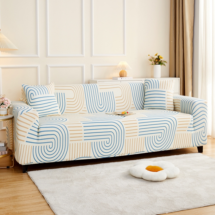 91家纺网 家纺一手货源 找家纺 丝绮鹿2023针织柔肤格三人沙发套松紧款 买一个沙发套默认送一个抱枕套 几何-蓝