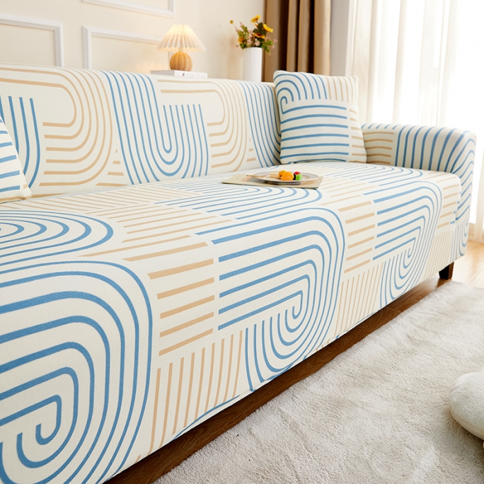 91家纺网 家纺一手货源 找家纺 丝绮鹿2023针织柔肤格三人沙发套松紧款 买一个沙发套默认送一个抱枕套 几何-蓝