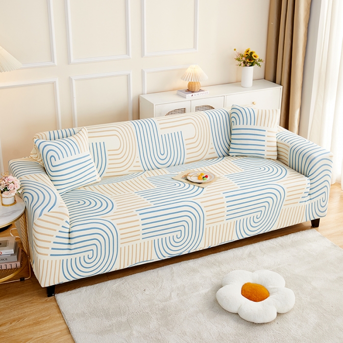 91家纺网 家纺一手货源 找家纺 丝绮鹿2023针织柔肤格三人沙发套松紧款 买一个沙发套默认送一个抱枕套 几何-蓝