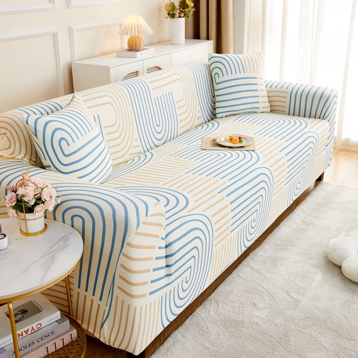 91家纺网 家纺一手货源 找家纺 丝绮鹿2023针织柔肤格三人沙发套松紧款 买一个沙发套默认送一个抱枕套 几何-蓝