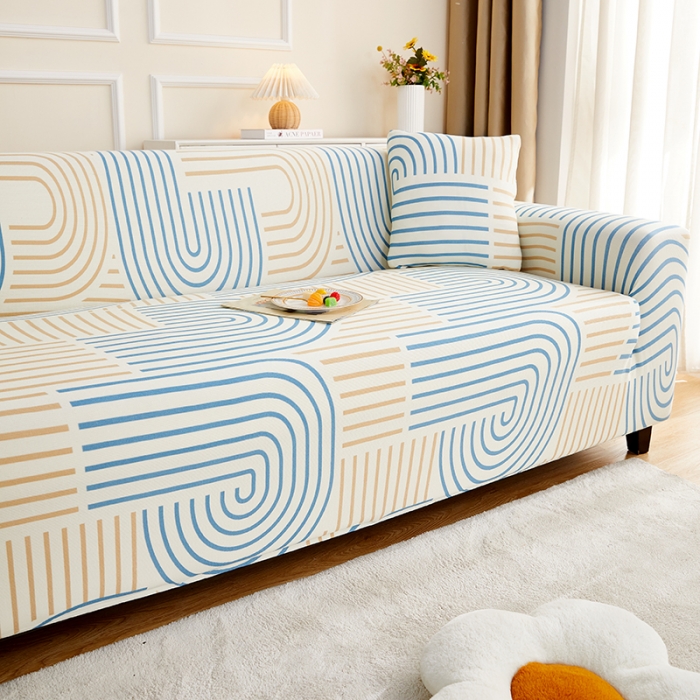 91家纺网 家纺一手货源 找家纺 丝绮鹿2023针织柔肤格三人沙发套松紧款 买一个沙发套默认送一个抱枕套 几何-蓝