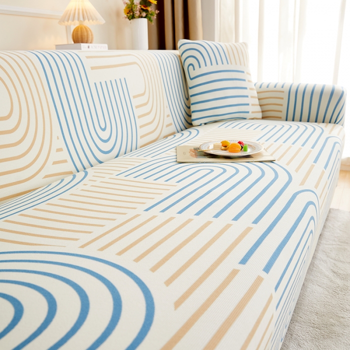 91家纺网 家纺一手货源 找家纺 丝绮鹿2023针织柔肤格三人沙发套松紧款 买一个沙发套默认送一个抱枕套 几何-蓝