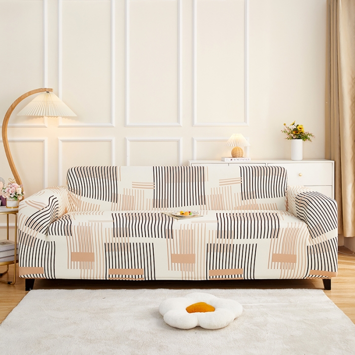 91家纺网 家纺一手货源 找家纺 丝绮鹿2023针织柔肤格三人沙发套松紧款 买一个沙发套默认送一个抱枕套 简素线条-黑