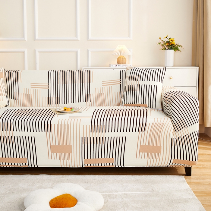 91家纺网 家纺一手货源 找家纺 丝绮鹿2023针织柔肤格三人沙发套松紧款 买一个沙发套默认送一个抱枕套 简素线条-黑