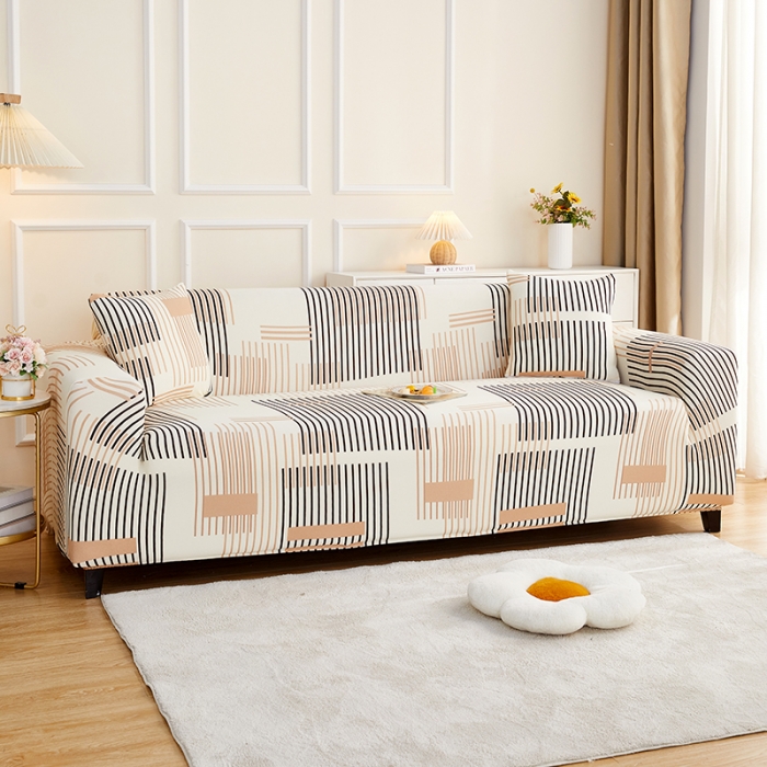 91家纺网 家纺一手货源 找家纺 丝绮鹿2023针织柔肤格三人沙发套松紧款 买一个沙发套默认送一个抱枕套 简素线条-黑