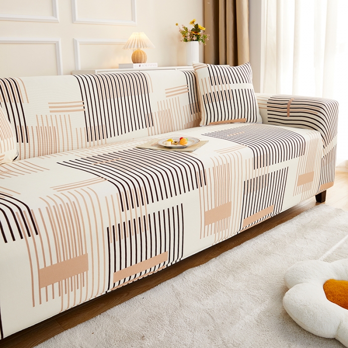 91家纺网 家纺一手货源 找家纺 丝绮鹿2023针织柔肤格三人沙发套松紧款 买一个沙发套默认送一个抱枕套 简素线条-黑