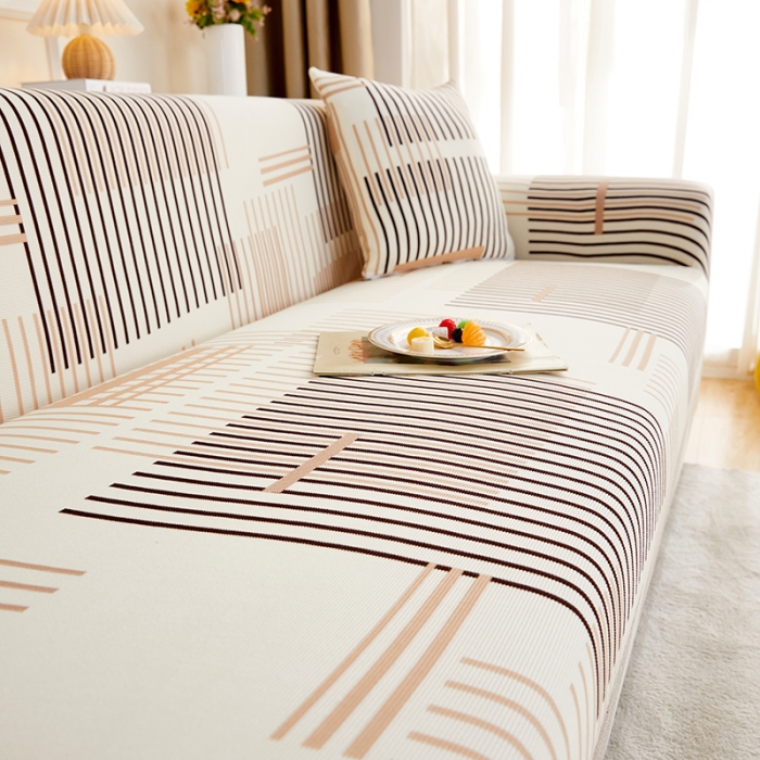 91家纺网 家纺一手货源 找家纺 丝绮鹿2023针织柔肤格三人沙发套松紧款 买一个沙发套默认送一个抱枕套 简素线条-黑