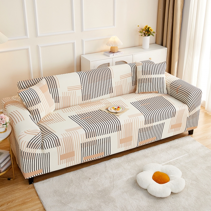 91家纺网 家纺一手货源 找家纺 丝绮鹿2023针织柔肤格三人沙发套松紧款 买一个沙发套默认送一个抱枕套 简素线条-黑