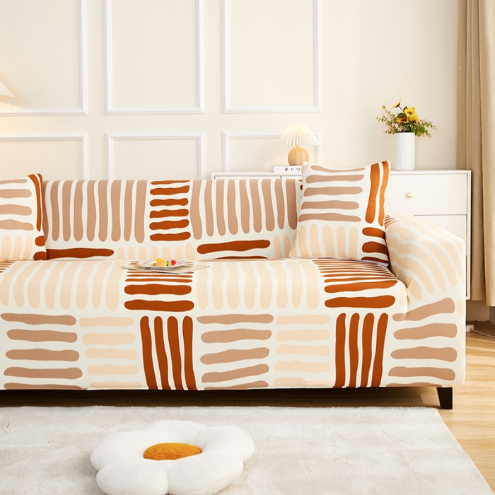 91家纺网 家纺一手货源 找家纺 丝绮鹿2023针织柔肤格三人沙发套松紧款 买一个沙发套默认送一个抱枕套 米咖条纹