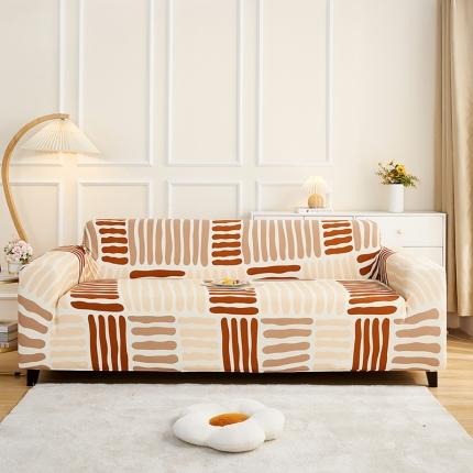 丝绮鹿2023针织柔肤格三人沙发套松紧款 买一个沙发套默认送一个抱枕套 米咖条纹