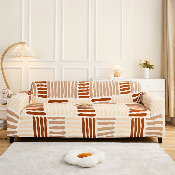 91家纺网 家纺一手货源 找家纺 丝绮鹿2023针织柔肤格三人沙发套松紧款 买一个沙发套默认送一个抱枕套 米咖条纹