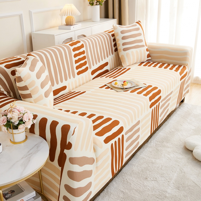 91家纺网 家纺一手货源 找家纺 丝绮鹿2023针织柔肤格三人沙发套松紧款 买一个沙发套默认送一个抱枕套 米咖条纹