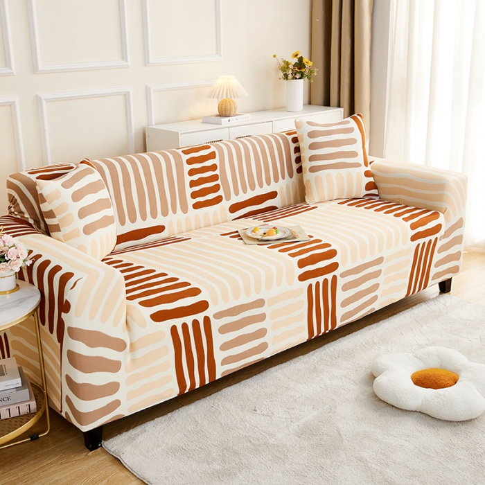 91家纺网 家纺一手货源 找家纺 丝绮鹿2023针织柔肤格三人沙发套松紧款 买一个沙发套默认送一个抱枕套 米咖条纹