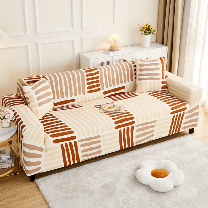 91家纺网 家纺一手货源 找家纺 丝绮鹿2023针织柔肤格三人沙发套松紧款 买一个沙发套默认送一个抱枕套 米咖条纹