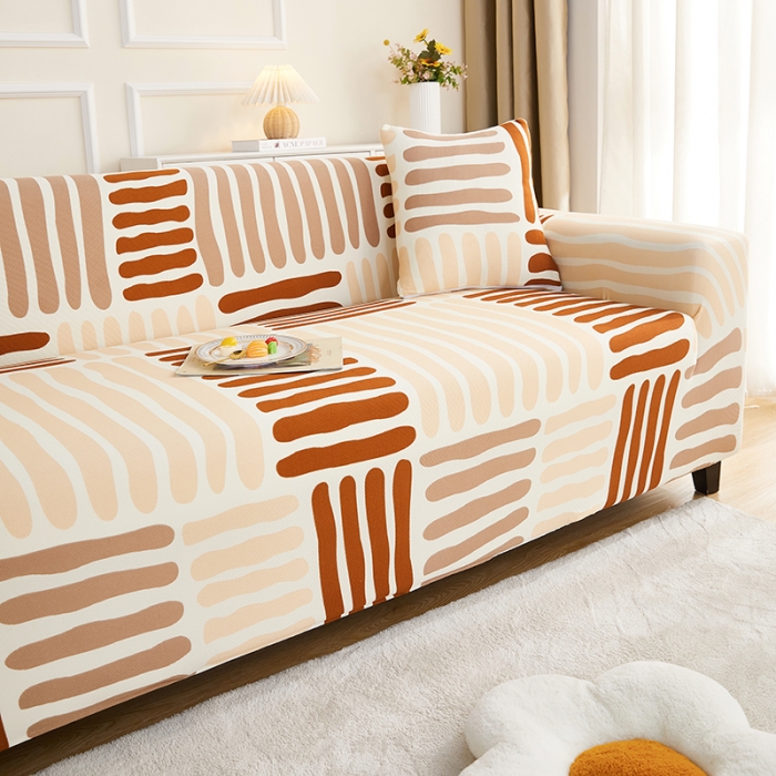 91家纺网 家纺一手货源 找家纺 丝绮鹿2023针织柔肤格三人沙发套松紧款 买一个沙发套默认送一个抱枕套 米咖条纹