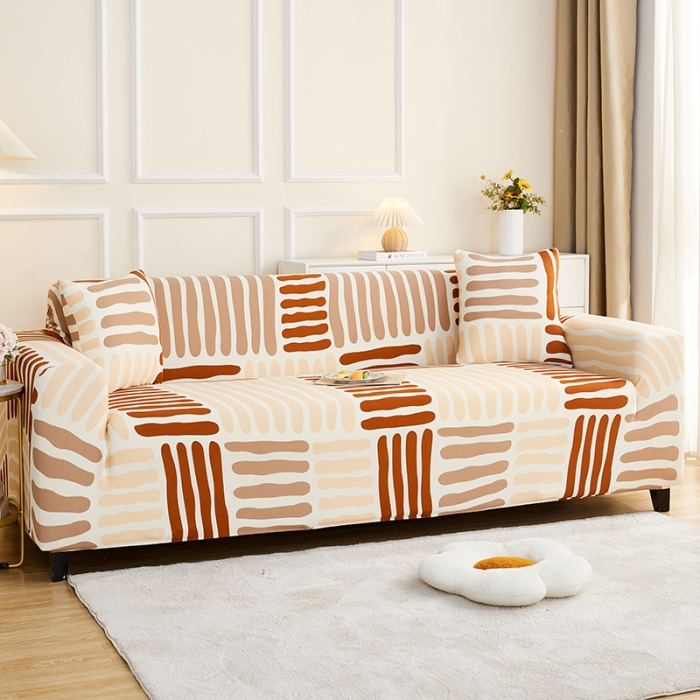 91家纺网 家纺一手货源 找家纺 丝绮鹿2023针织柔肤格三人沙发套松紧款 买一个沙发套默认送一个抱枕套 米咖条纹