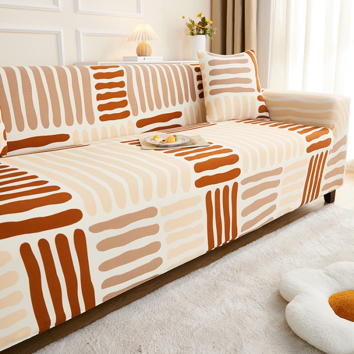 91家纺网 家纺一手货源 找家纺 丝绮鹿2023针织柔肤格三人沙发套松紧款 买一个沙发套默认送一个抱枕套 米咖条纹