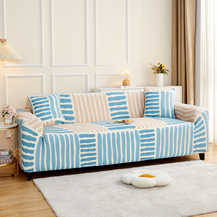 91家纺网 家纺一手货源 找家纺 丝绮鹿2023针织柔肤格三人沙发套松紧款 买一个沙发套默认送一个抱枕套 米兰条纹