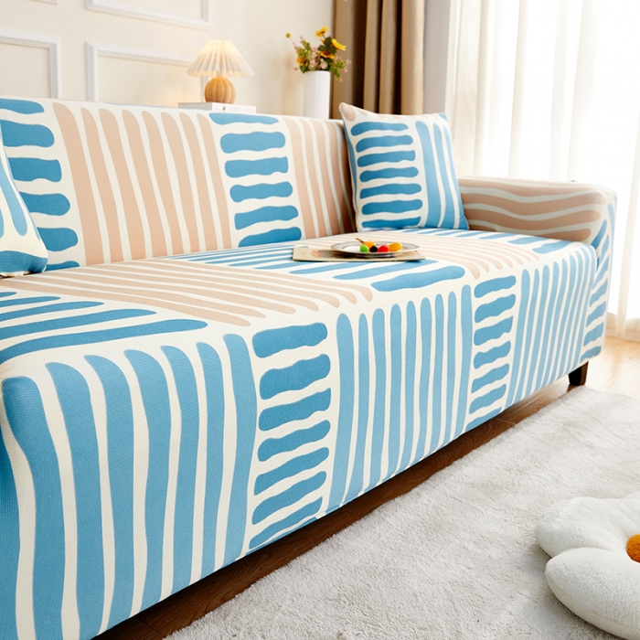 91家纺网 家纺一手货源 找家纺 丝绮鹿2023针织柔肤格三人沙发套松紧款 买一个沙发套默认送一个抱枕套 米兰条纹