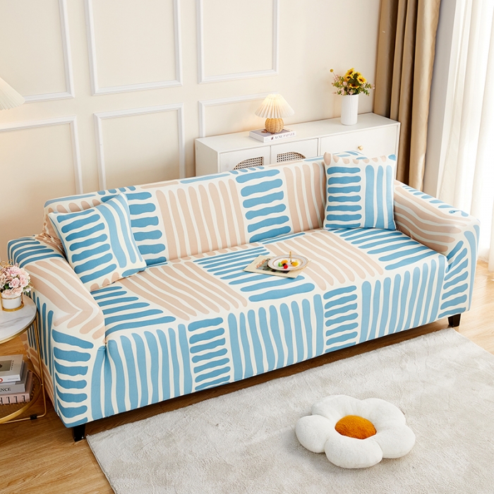 91家纺网 家纺一手货源 找家纺 丝绮鹿2023针织柔肤格三人沙发套松紧款 买一个沙发套默认送一个抱枕套 米兰条纹