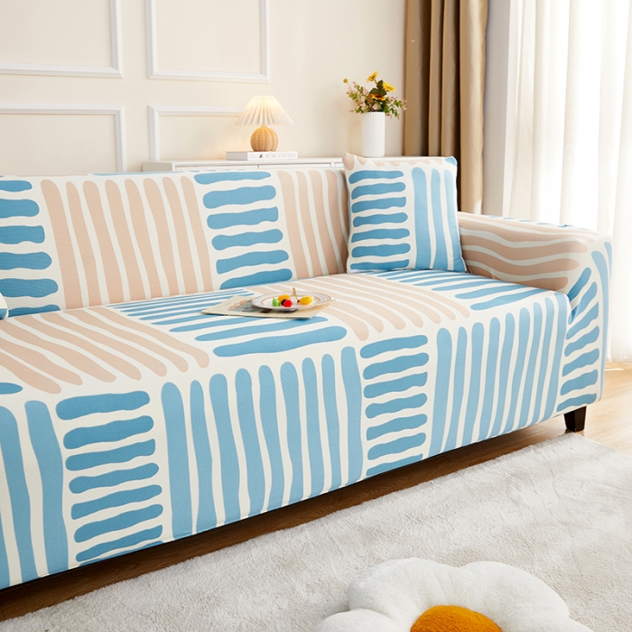 91家纺网 家纺一手货源 找家纺 丝绮鹿2023针织柔肤格三人沙发套松紧款 买一个沙发套默认送一个抱枕套 米兰条纹