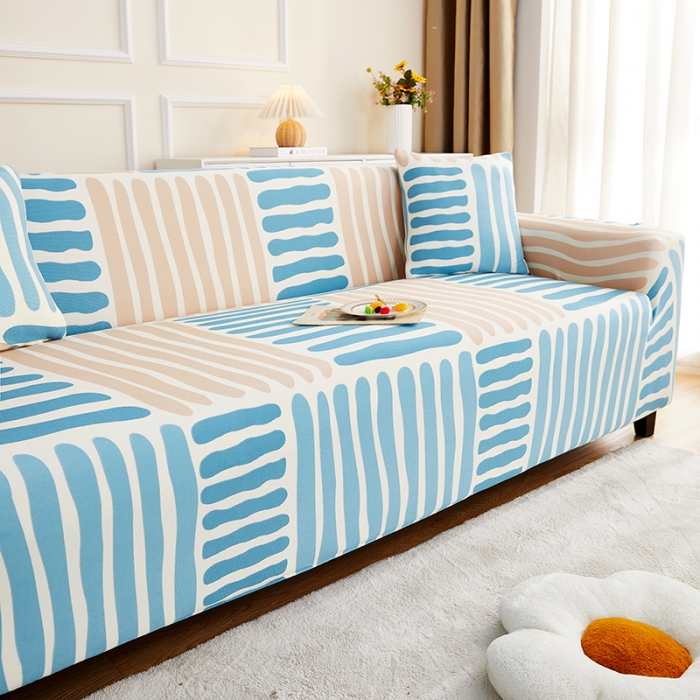 91家纺网 家纺一手货源 找家纺 丝绮鹿2023针织柔肤格三人沙发套松紧款 买一个沙发套默认送一个抱枕套 米兰条纹