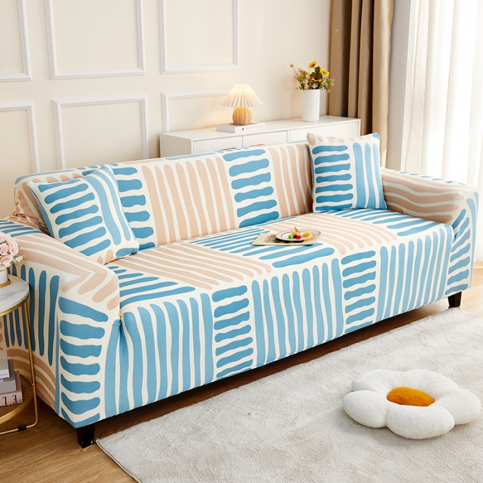 91家纺网 家纺一手货源 找家纺 丝绮鹿2023针织柔肤格三人沙发套松紧款 买一个沙发套默认送一个抱枕套 米兰条纹