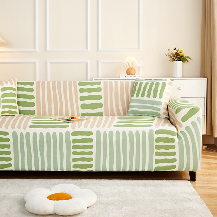 91家纺网 家纺一手货源 找家纺 丝绮鹿2023针织柔肤格三人沙发套松紧款 买一个沙发套默认送一个抱枕套 米绿条纹