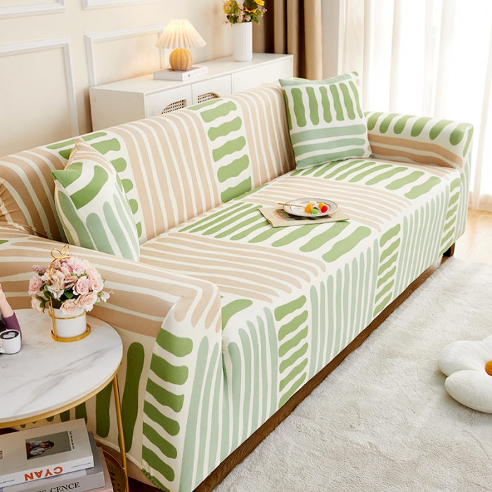 91家纺网 家纺一手货源 找家纺 丝绮鹿2023针织柔肤格三人沙发套松紧款 买一个沙发套默认送一个抱枕套 米绿条纹