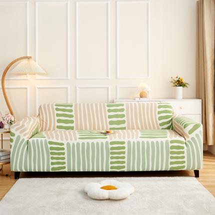 丝绮鹿2023针织柔肤格三人沙发套松紧款 买一个沙发套默认送一个抱枕套 米绿条纹