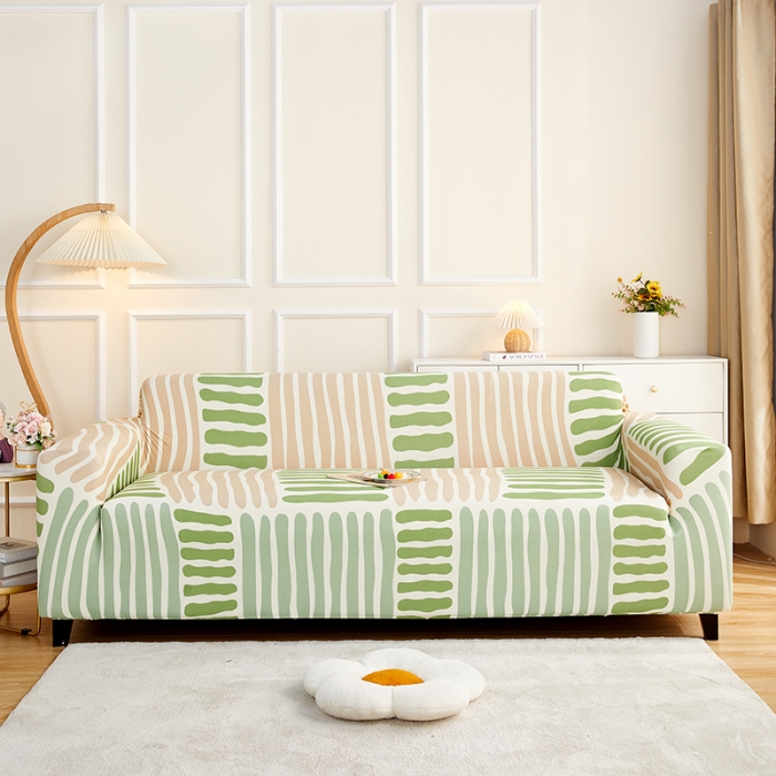 91家纺网 家纺一手货源 找家纺 丝绮鹿2023针织柔肤格三人沙发套松紧款 买一个沙发套默认送一个抱枕套 米绿条纹