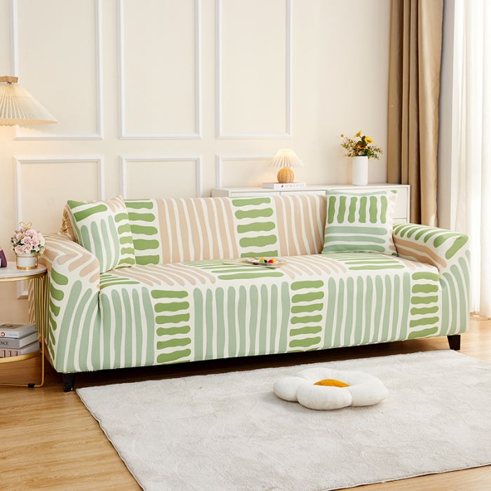 91家纺网 家纺一手货源 找家纺 丝绮鹿2023针织柔肤格三人沙发套松紧款 买一个沙发套默认送一个抱枕套 米绿条纹