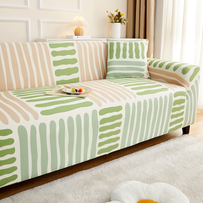 91家纺网 家纺一手货源 找家纺 丝绮鹿2023针织柔肤格三人沙发套松紧款 买一个沙发套默认送一个抱枕套 米绿条纹