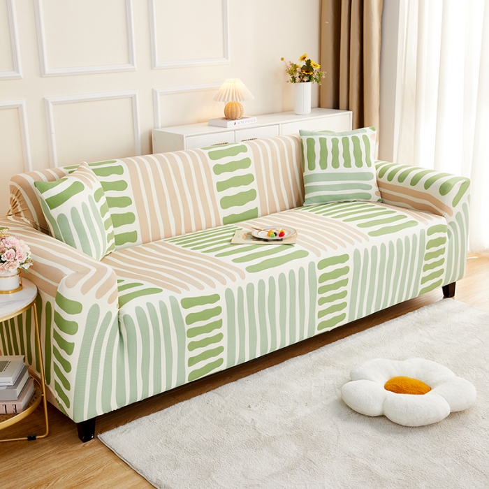 91家纺网 家纺一手货源 找家纺 丝绮鹿2023针织柔肤格三人沙发套松紧款 买一个沙发套默认送一个抱枕套 米绿条纹