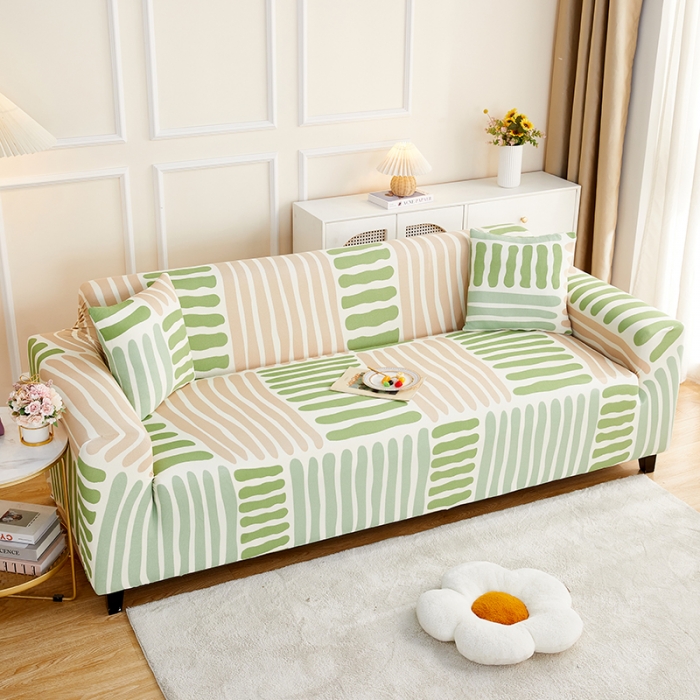 91家纺网 家纺一手货源 找家纺 丝绮鹿2023针织柔肤格三人沙发套松紧款 买一个沙发套默认送一个抱枕套 米绿条纹