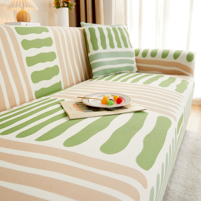 91家纺网 家纺一手货源 找家纺 丝绮鹿2023针织柔肤格三人沙发套松紧款 买一个沙发套默认送一个抱枕套 米绿条纹