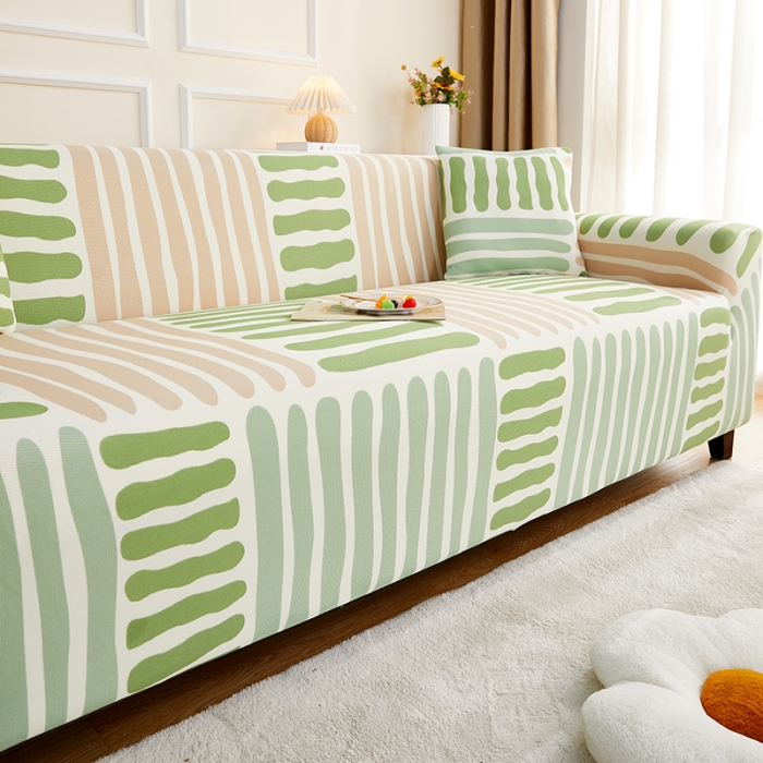 91家纺网 家纺一手货源 找家纺 丝绮鹿2023针织柔肤格三人沙发套松紧款 买一个沙发套默认送一个抱枕套 米绿条纹