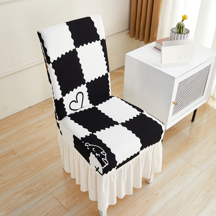 91家纺网 家纺一手货源 找家纺 丝绮鹿 2023新款针织柔肤格椅子套裙边款 黑白格