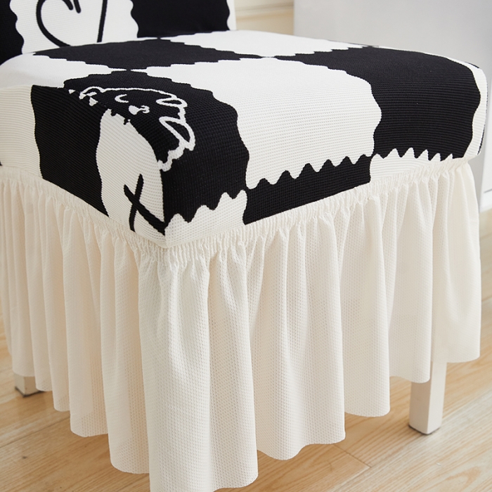 91家纺网 家纺一手货源 找家纺 丝绮鹿 2023新款针织柔肤格椅子套裙边款 黑白格