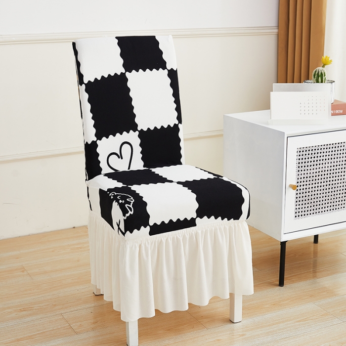 91家纺网 家纺一手货源 找家纺 丝绮鹿 2023新款针织柔肤格椅子套裙边款 黑白格