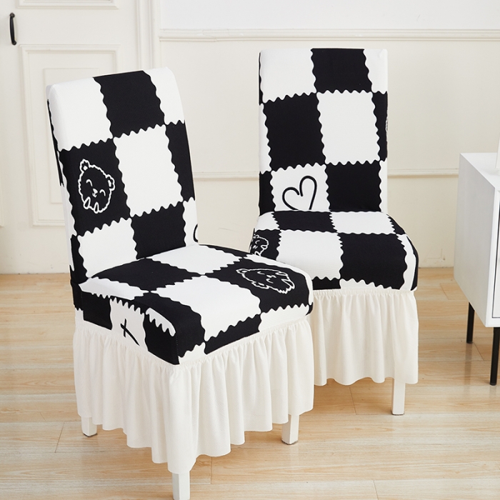 91家纺网 家纺一手货源 找家纺 丝绮鹿 2023新款针织柔肤格椅子套裙边款 黑白格