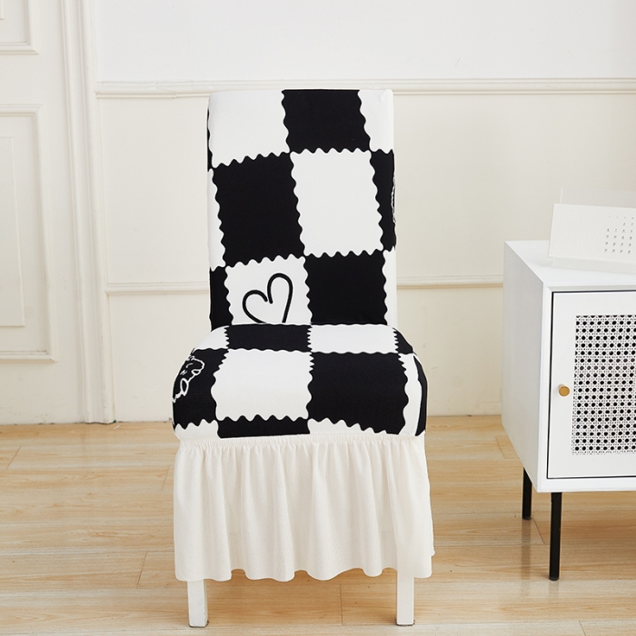 91家纺网 家纺一手货源 找家纺 丝绮鹿 2023新款针织柔肤格椅子套裙边款 黑白格