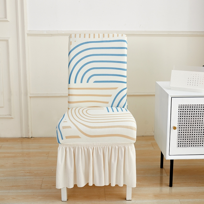 91家纺网 家纺一手货源 找家纺 丝绮鹿 2023新款针织柔肤格椅子套裙边款 几何-蓝